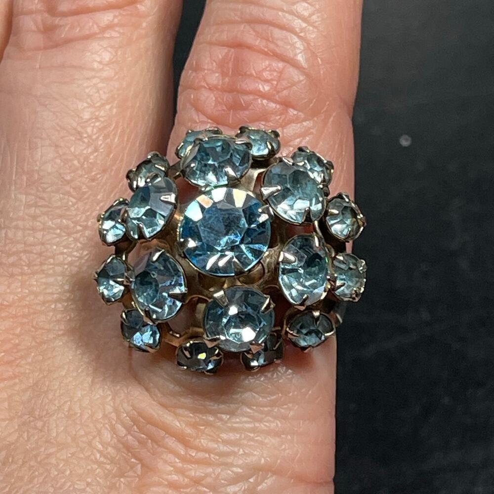 Vintage Blue Rhinestone Ring Adjustable Prong Set Silver Tone Flower Size 8